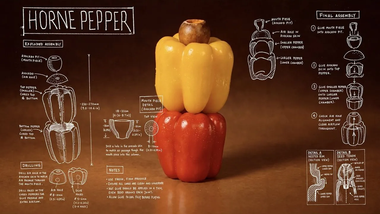 A red and yellow bell pepper stacked with avocado pieces, surrounded by assembly diagrams.