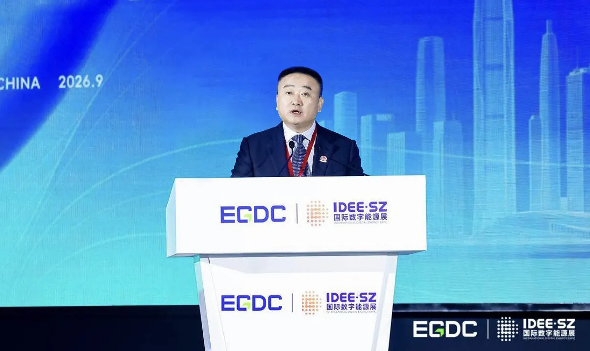 Man speaking at an ECDC and IDEE·SZ branded podium before a blue city skyline backdrop.