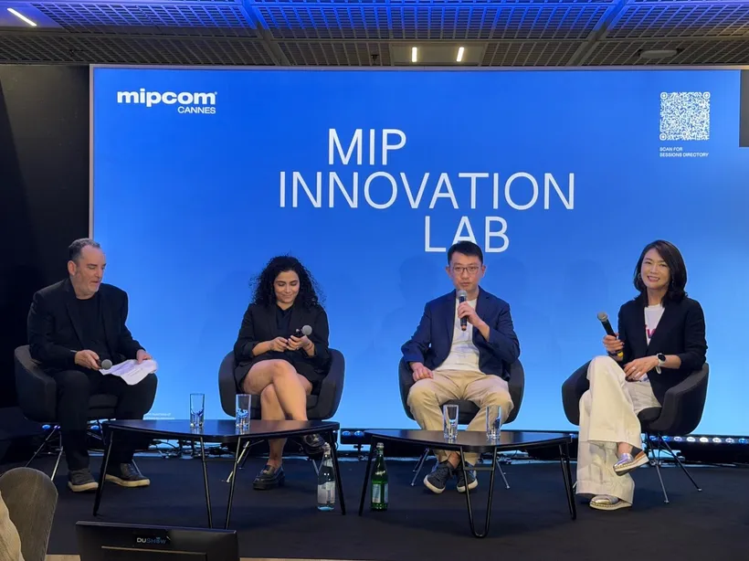 Four panelists seated onstage before a screen reading “MIP Innovation Lab” at MIPCOM Cannes.
