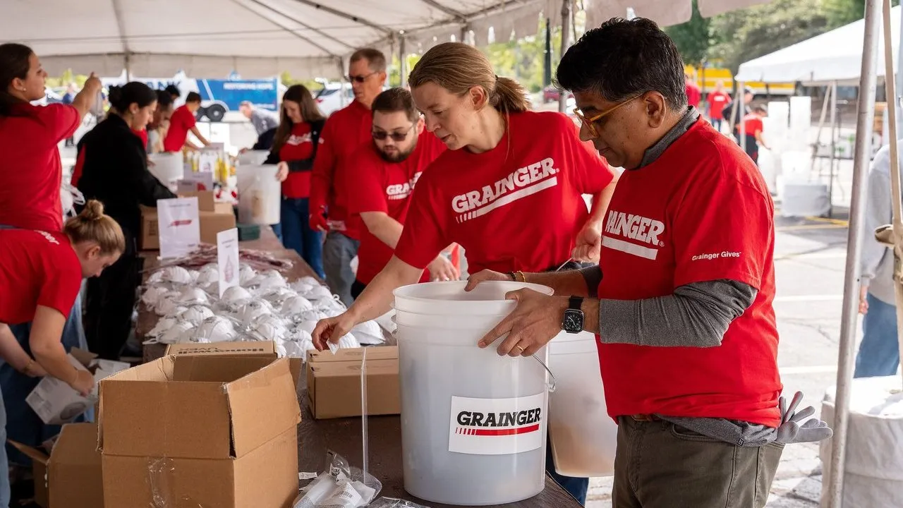 Volunteers in red Grainger shirts assemble supplies at tables under a tent.