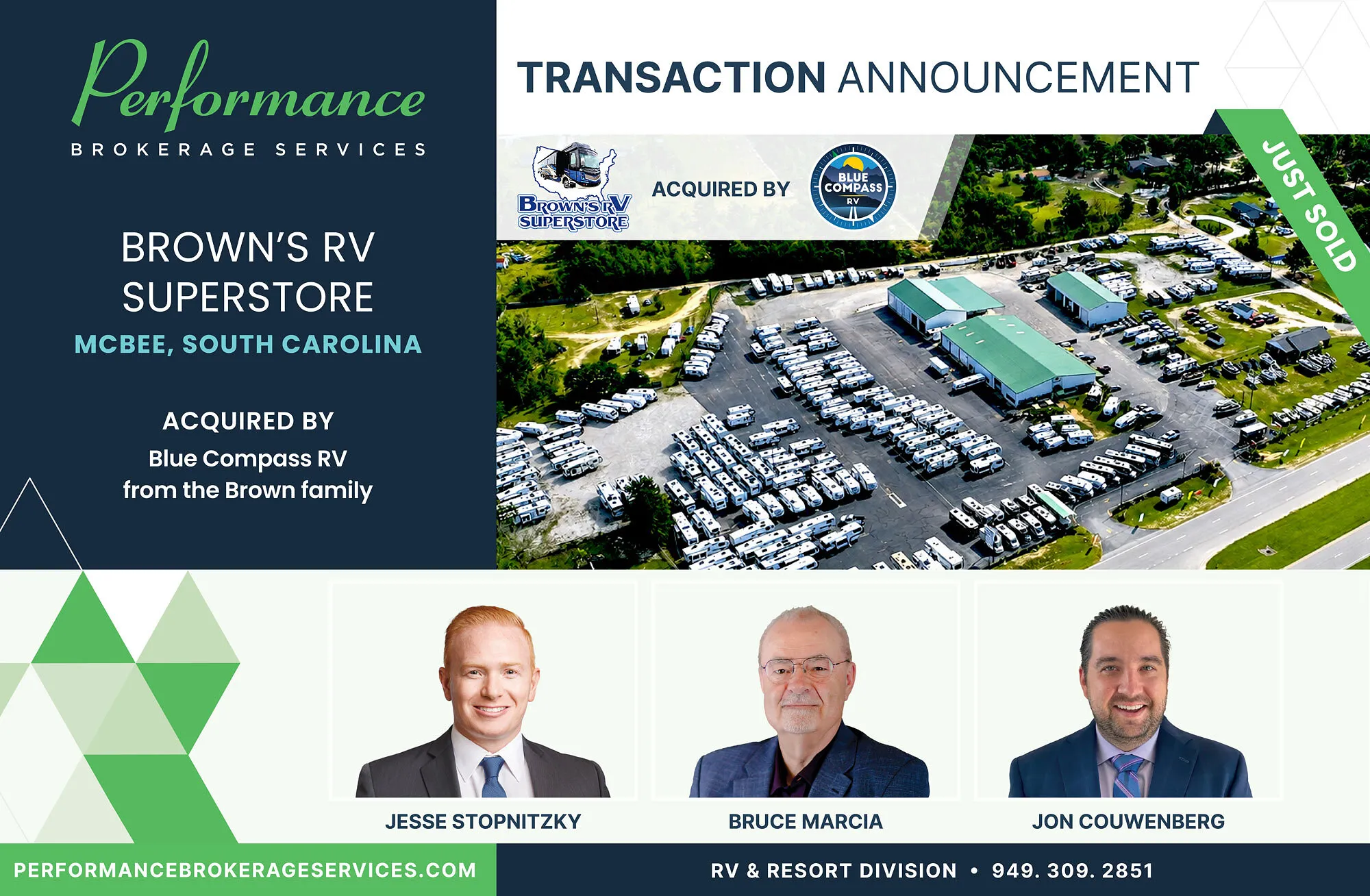 Announcement graphic showing Brown’s RV Superstore acquired by Blue Compass RV, with dealership aerial view and three headshots.