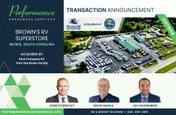 Announcement graphic showing Brown’s RV Superstore acquired by Blue Compass RV, with dealership aerial view and three headshots.