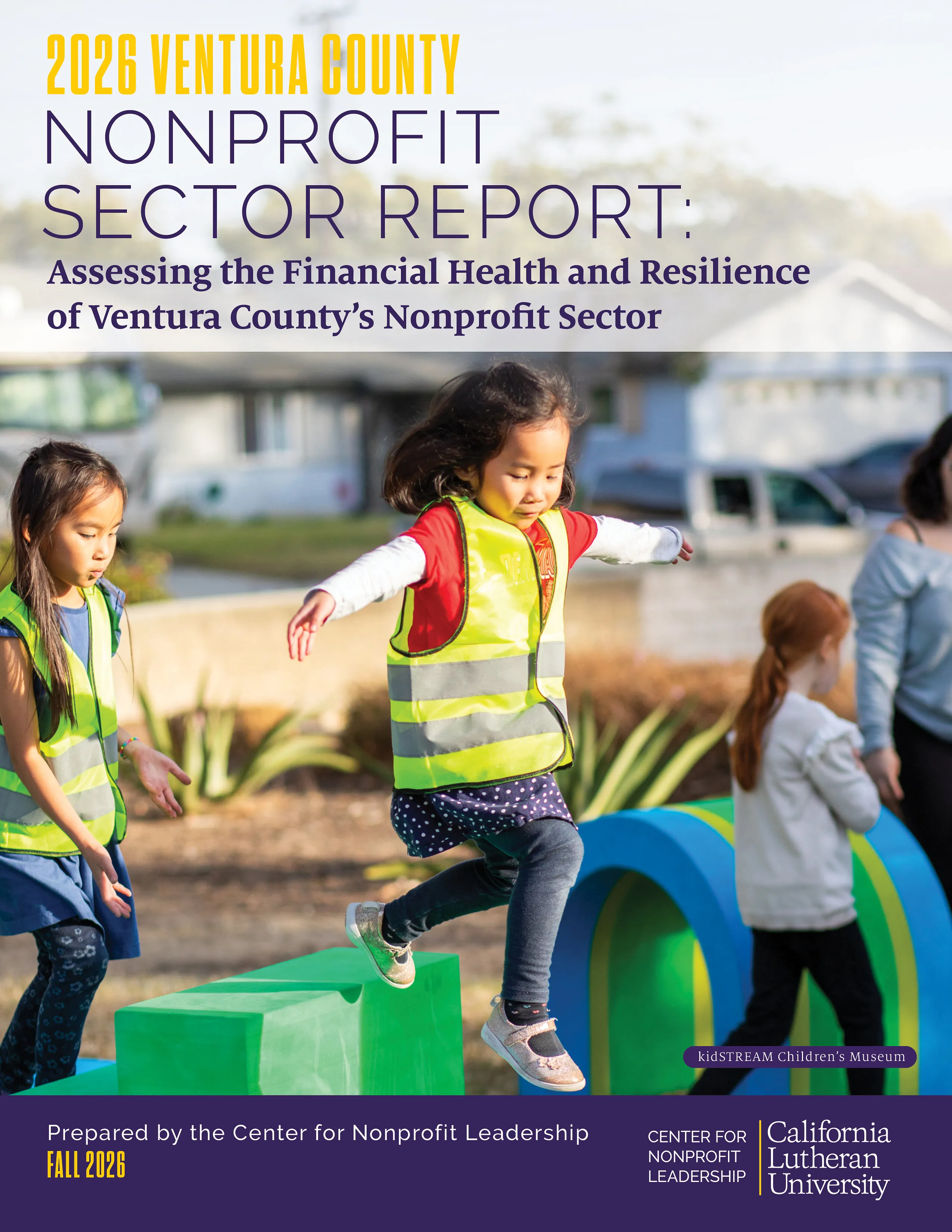 Cover of Ventura County nonprofit sector report with children in safety vests playing outdoors.
