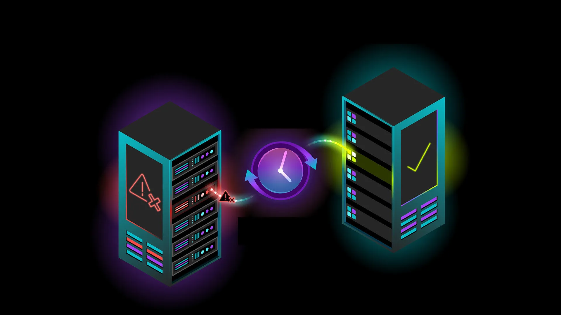 Two glowing servers connected by a clock, with an error symbol on one and a check mark on the other.