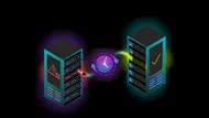 Two glowing servers connected by a clock, with an error symbol on one and a check mark on the other.