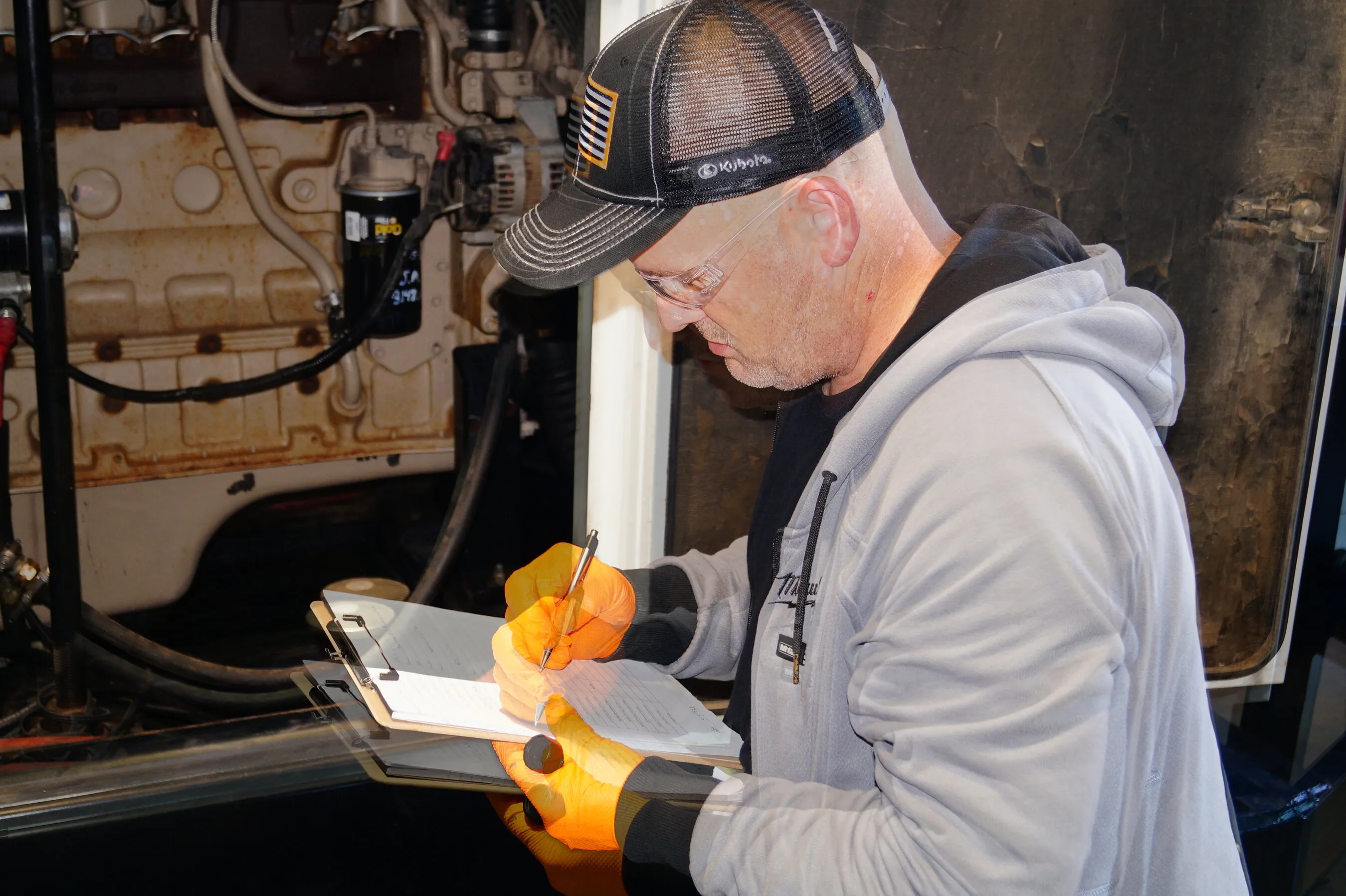 A mechanic wearing safety glasses and gloves writes on a clipboard beside an open engine compartment.