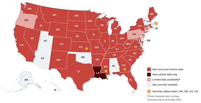 U.S. map showing Dataone Software vehicle-data coverage by state, with newly added states marked by stars.