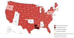U.S. map showing Dataone Software vehicle-data coverage by state, with newly added states marked by stars.