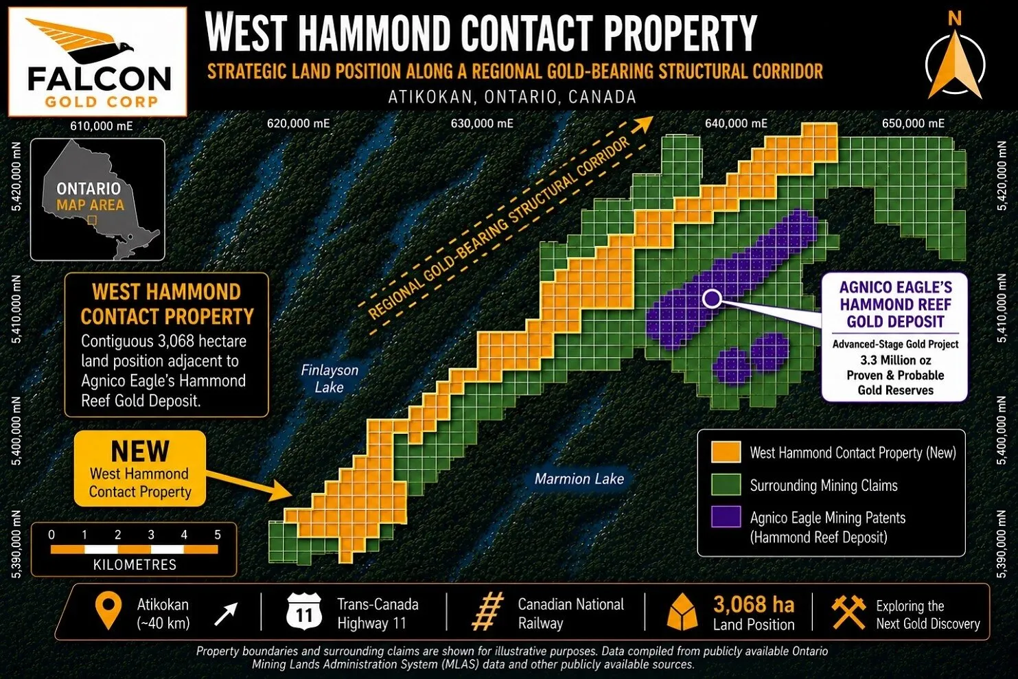Map of Falcon Gold’s West Hammond Contact Property near Atikokan, Ontario, showing mining claims and Hammond Reef deposit.