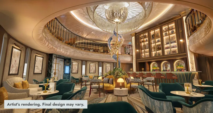 Elegant cruise-ship bar atrium with teal seating, gold decor, and a sculptural chandelier.