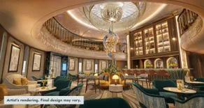 Elegant cruise-ship bar atrium with teal seating, gold decor, and a sculptural chandelier.