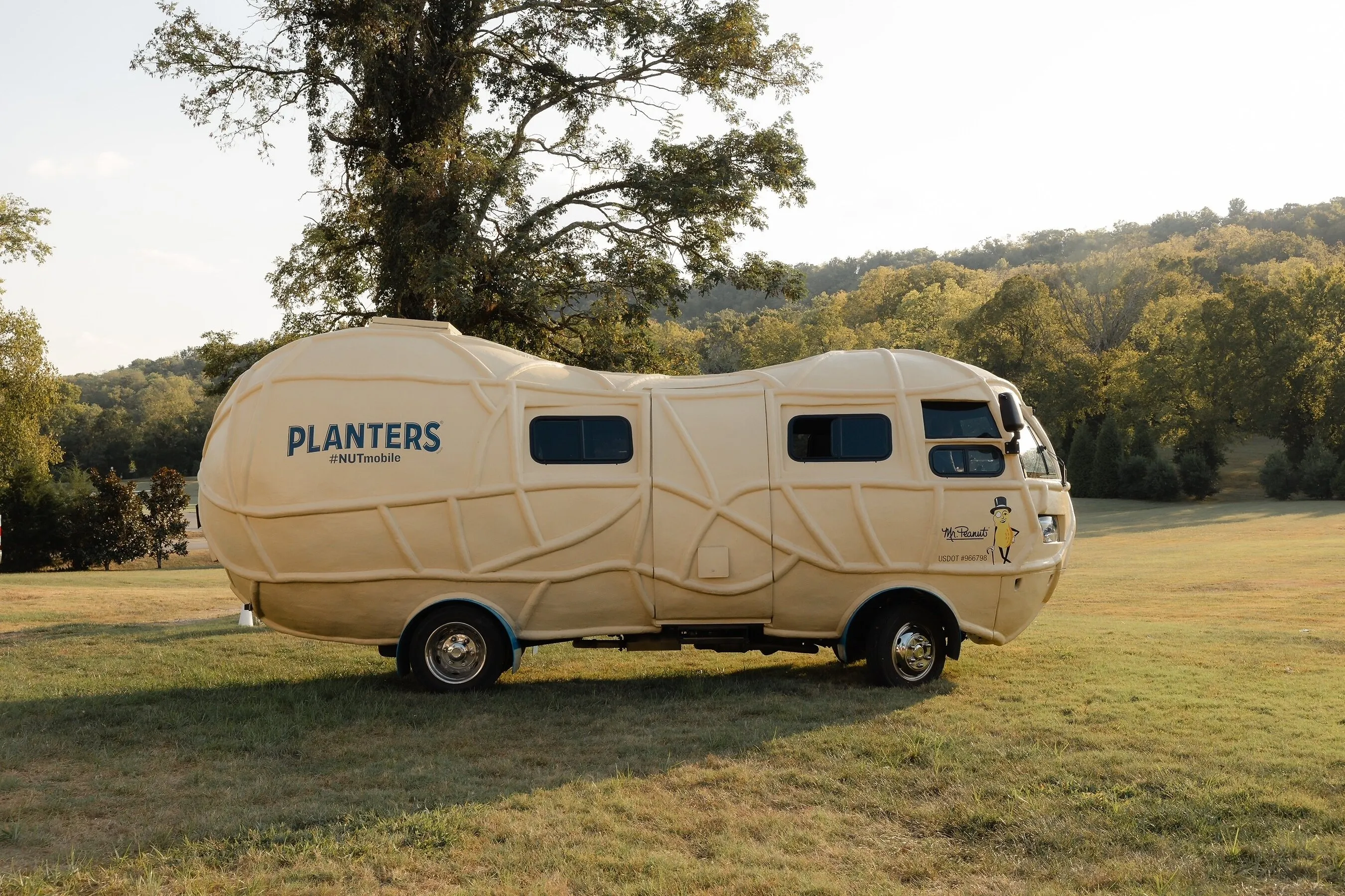 A peanut-shaped Planters camper van parked on a grassy field beneath trees