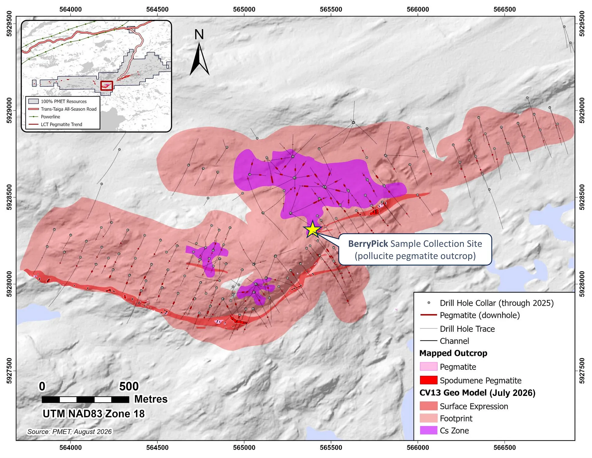 Map of drill holes, pegmatite outcrops and the BerryPick sample collection site.