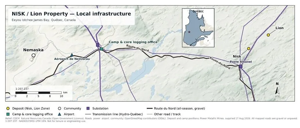 Map of Québec mining property infrastructure showing roads, power lines, airport, camp, substation and nearby communities.