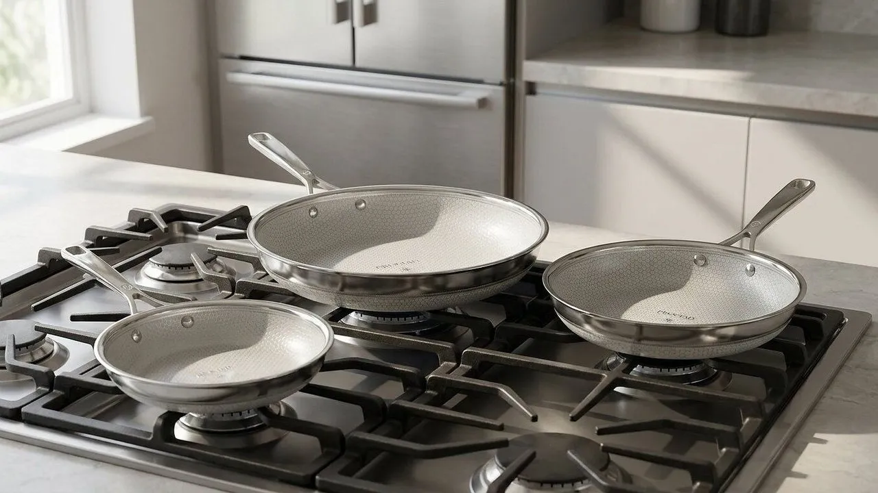 Three stainless steel frying pans on a gas hob in a kitchen.