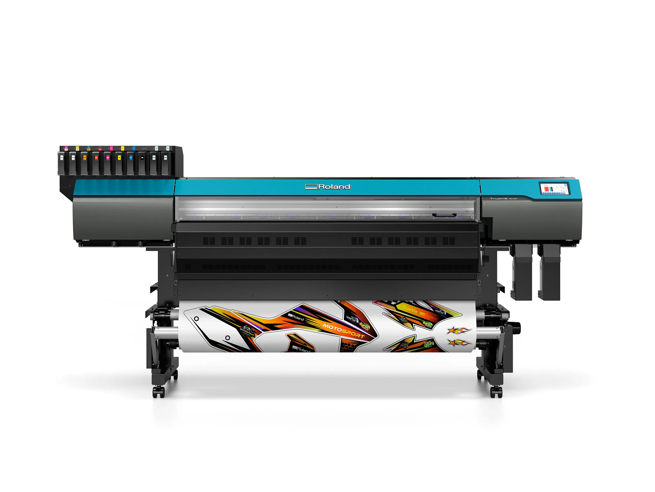 Large-format printer with ink cartridges and a roll of colorful motorsport decals.