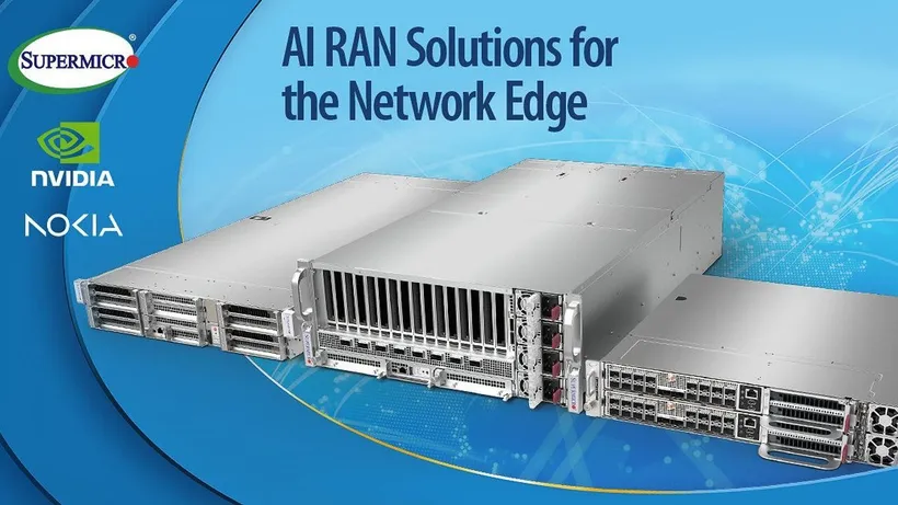 Three silver rack servers against a blue background with technology logos and AI RAN Solutions text