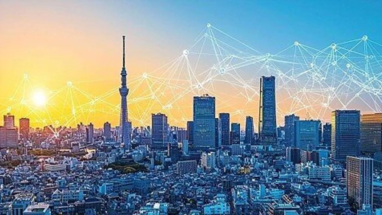 Tokyo skyline with Tokyo Skytree at sunset overlaid with a network of connected nodes.