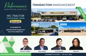 Transaction announcement for WC Tractor’s acquisition by Splintered Oak Equipment, with three dealership locations and four headshots.