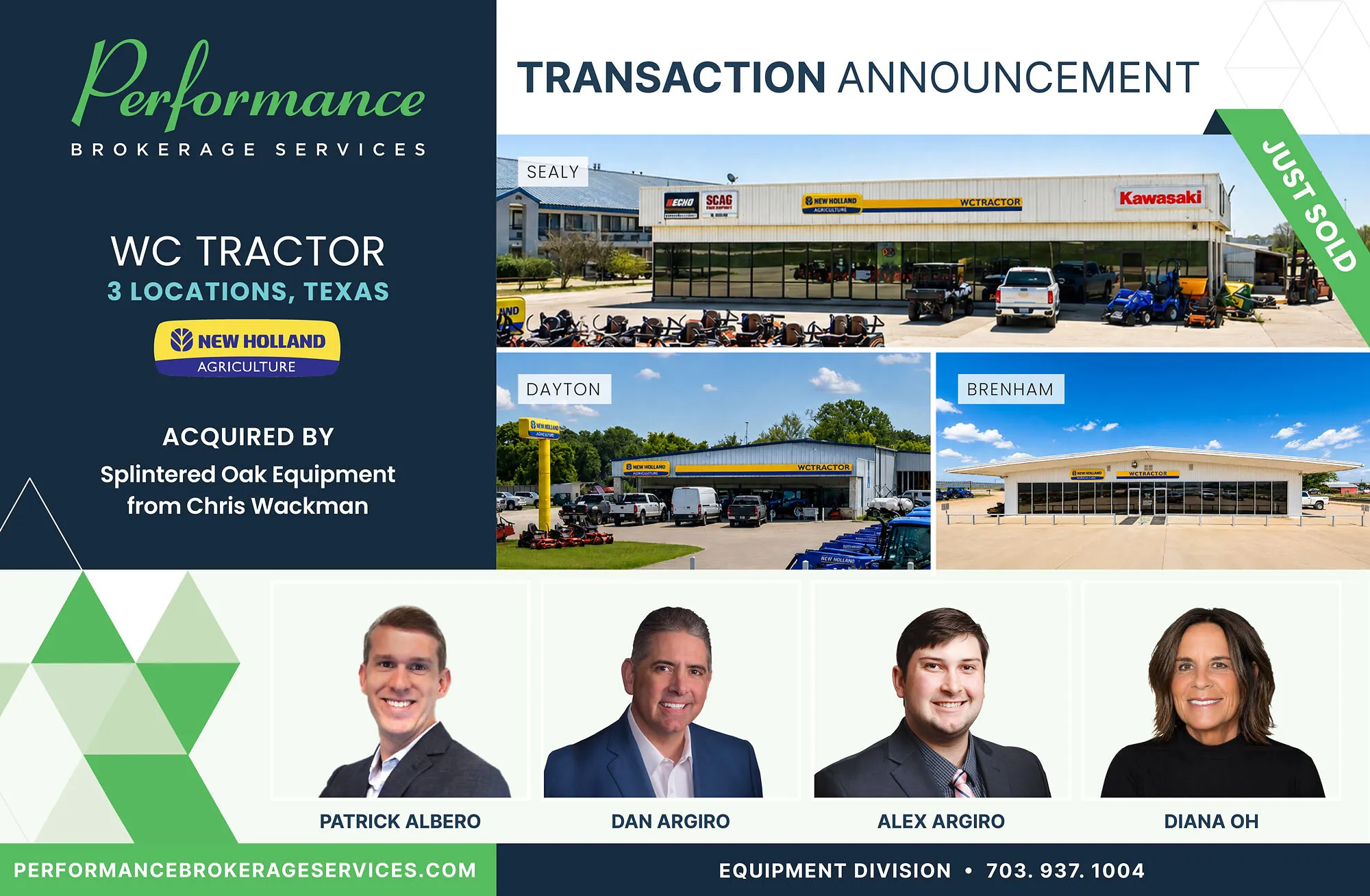 Transaction announcement for WC Tractor’s acquisition by Splintered Oak Equipment, with three dealership locations and four headshots.