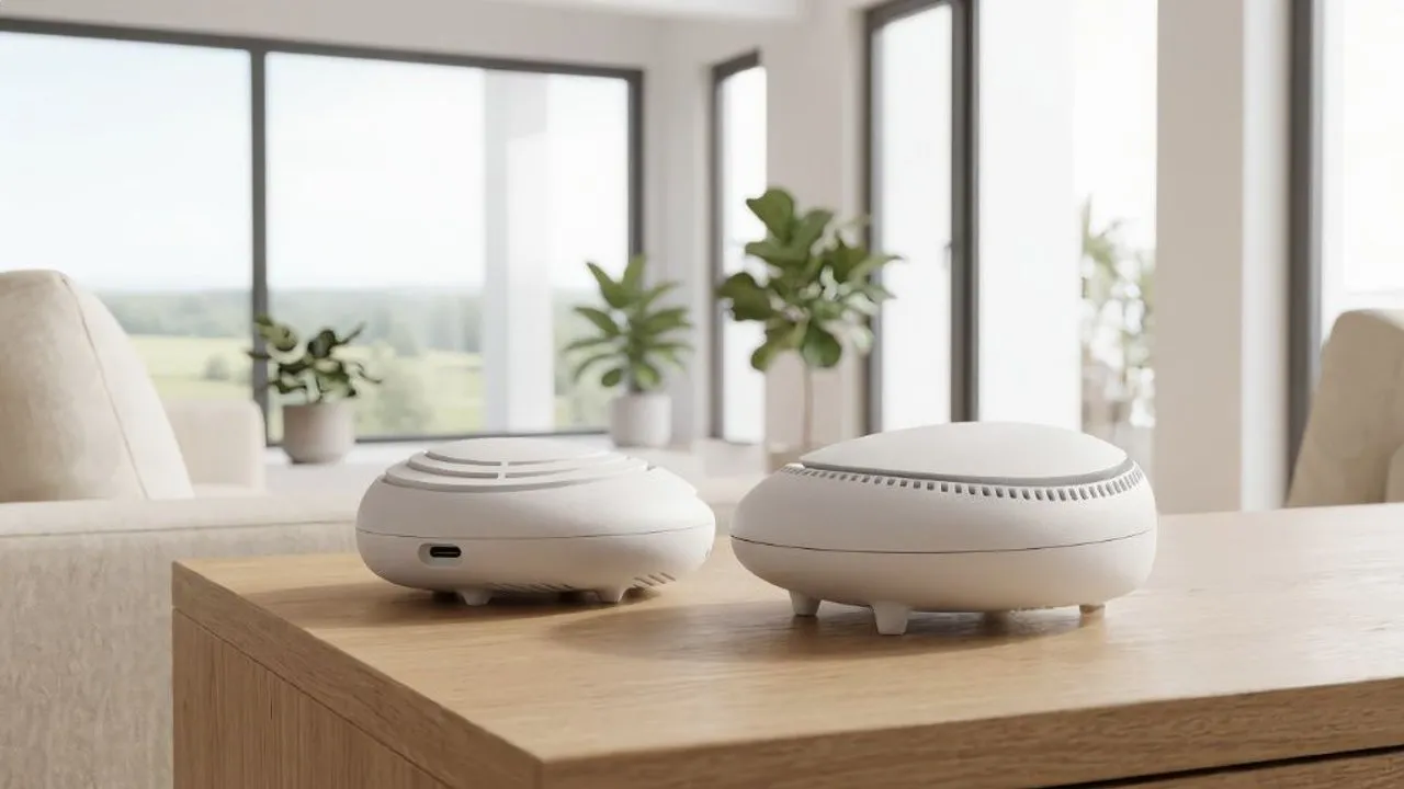 Two small white electronic devices on a wooden table in a bright room with plants.